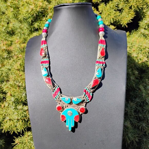 Handcrafted Tibetan Silver Collar Necklace w/Inlay Turquoise & Coral and Beads - Picture 2 of 8